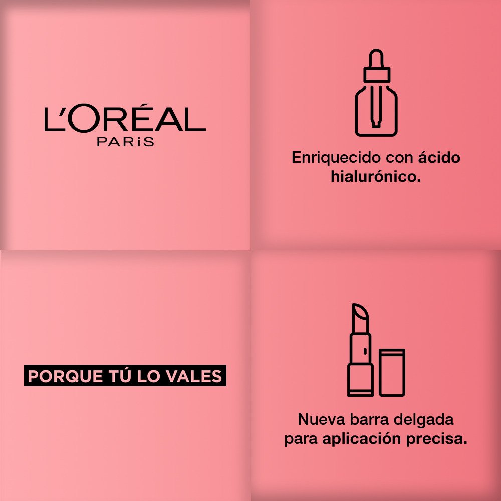 Logo L'Oréal Paris. Enriquecido con Ácido Hialurónico. Porque tú lo vales, nueva barra delgada para aplicación precisa Colombia.
